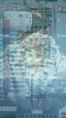 Poster - Animation of data processing over caucasian businessman with vr headset and cityscape
