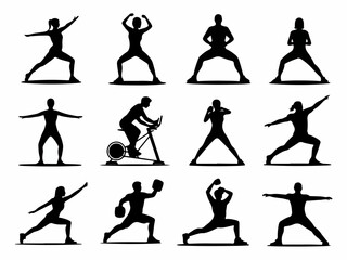 Poster - Collection of diverse fitness and exercise silhouettes showcasing various athletic poses and activities for health and wellness concepts