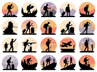 Poster - Collection of diverse travel and adventure silhouettes featuring people exploring landscapes and using luggage with a distinctive silhouette style