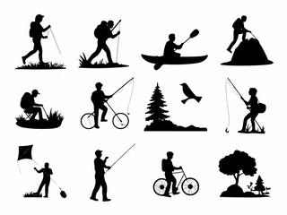 Poster - Collection of outdoor activity silhouettes including hiking kayaking fishing cycling kite flying and mountain climbing showcasing nature and adventure silhouette