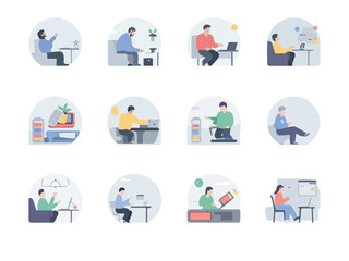 Fototapete - Collection of diverse individuals working and relaxing in various indoor settings with modern technology and minimalist design silhouette