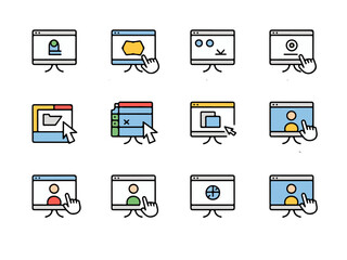 Fototapete - Collection of twelve colorful modern flat icons representing various digital user interface actions and computer window interactions with a distinctive silhouette style