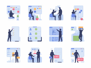 Fototapete - Modern business professionals collaborating on projects and tasks using digital interfaces and data visualization in a clean flat silhouette style
