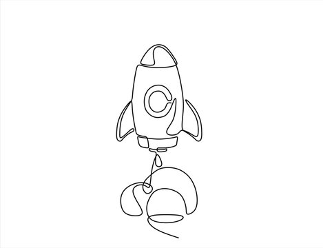 Hand drawn one line vector. Rocket space ship launch into universe concept. One continuous line drawing of simple retro spacecraft flying up to the outer space nebula. Editable stroke.