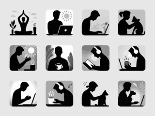 Poster - Collection of diverse lifestyle activities depicted as black and white silhouettes in a grid format showcasing work relaxation and companionship silhouette