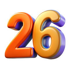 Poster - Number Twenty Six 3D Render Illustration with Orange and Gold Colors on Transparent Background