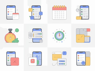 Fototapete - Collection of modern flat design icons representing various mobile app features and digital tasks including calendars to do lists and time management tools silhouette