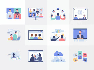 Poster - Collection of flat design icons representing remote team collaboration and online meetings with diverse people communicating virtually silhouette