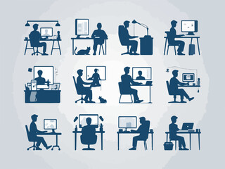 Fototapete - Collection of diverse individuals working at desks with computers in various home and office settings showcasing different postures and activities all rendered in a clean modern silhouette style