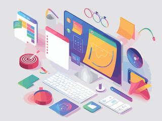 Fototapete - Isometric digital workspace with computer monitor keyboard and office supplies organized for productivity and success silhouette