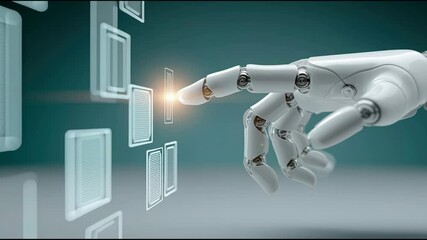 Poster - Robot touching a computer screen to guide users as an ai client onboarding assistant in a digital interaction scenario. AI Onboarding Interface Assistant – Animated Video Version