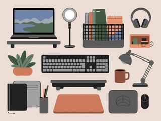 Fototapete - A flat lay illustration of a modern home office desk setup featuring a laptop keyboard headphones desk lamp potted plant notebook and coffee mug all in a clean silhouette style