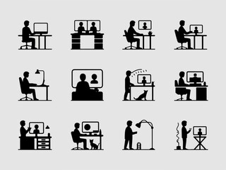 Fototapete - Collection of diverse black silhouette icons depicting people working at desks with computers and interacting with technology in various home office and work environments silhouette