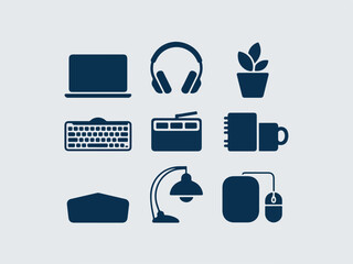 Fototapete - Collection of modern office and technology icons including a laptop keyboard headphones plant desk lamp notepad and mug with a mouse silhouette