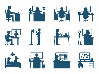 Fototapete - Collection of diverse people working at desks with computers in various office and home settings representing modern work life and productivity silhouette
