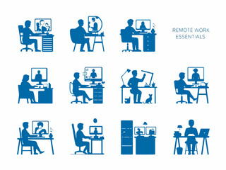 Fototapete - Collection of blue silhouette icons representing remote work essentials and home office setups with people using computers and engaging in video calls