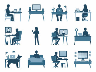 Poster - Collection of diverse people working from home and at their desks with computers and calendars presented in a clean silhouette style