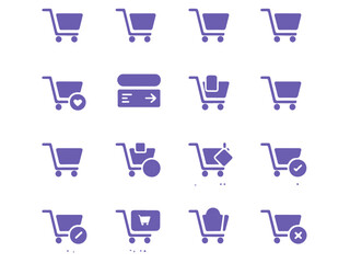 Poster - Collection of purple shopping cart icons representing various e commerce functions and actions in a clean silhouette style