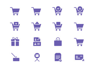 Poster - Collection of purple shopping cart icons and related e commerce symbols presented in a clean modern silhouette style on a black background
