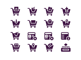 Poster - Collection of modern flat shopping cart icons representing various e commerce actions and statuses in a clean purple silhouette style