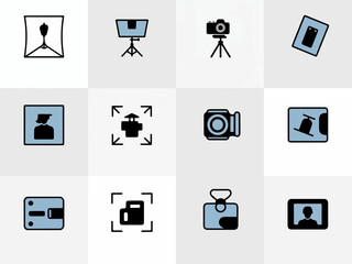 Poster - Collection of photography and videography icons in a simple silhouette style featuring cameras lighting equipment and portrait elements silhouette