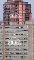 Poster - Animation of multiple cloud icons with increasing percentage against aerial view of tall buildings