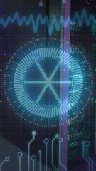 Poster - Animation of neon round scanner and microprocessor connections against empty computer server room