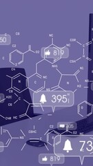 Poster - Animation of social media icons with numbers and chemical formula over desk with computer