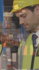 Poster - Animation of data processing over people working in warehouse