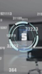 Poster - Animation of countdown over round scanner and multiple changing numbers against empty office