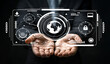 © Luke - Futuristic Digital Interface Concept with Hands Displaying Global Network, Security Symbols, and Data Metrics for Technology and Innovation Themes