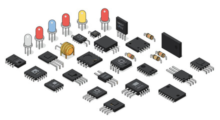 Poster - Electronic components isometric vector illustration for educational design and technology projects