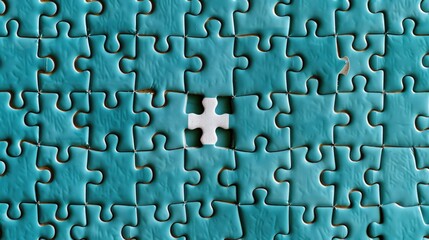 Poster - Top view of teal puzzle missing one last piece, illustrating planning, patience, and progress