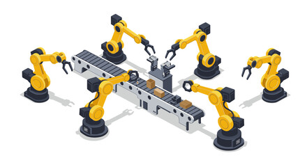 Poster - Isometric factory automation with robotic arms vector illustration for industrial design