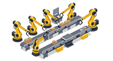 Poster - Isometric vector illustration of a robotic assembly line for automated manufacturing design