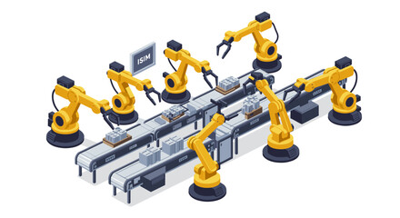 Poster - Automated manufacturing process with robotic arms in isometric style vector illustration for industrial design