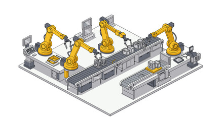 Poster - Isometric vector illustration of an automated manufacturing assembly line with robotic arms