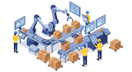 Poster - Isometric vector illustration of automated warehouse with robots and workers for logistic solutions