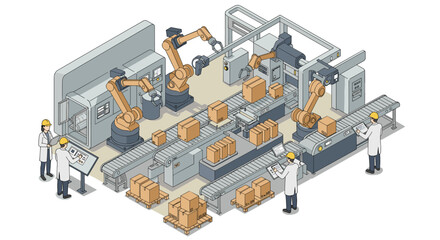 Poster - Factory automation scene with robotic arms and engineers vector illustration for industry and technology design