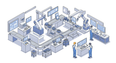 Poster - Isometric smart factory vector illustration: industrial automation and robotics for advanced manufacturing design