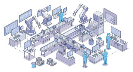 Poster - Isometric factory automation vector illustration: industrial manufacturing with robotics and smart technology