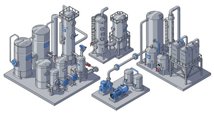 Poster - Isometric industrial equipment vector illustration for engineering design and technical diagrams