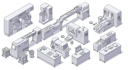 Poster - Isometric industrial machinery vector illustration for manufacturing process design