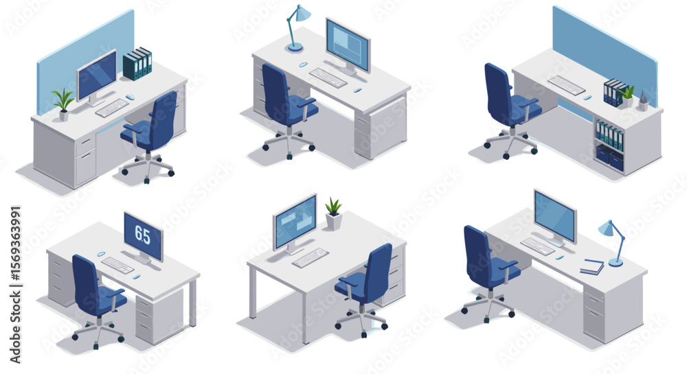 Isometric office furniture vector illustration for workspace design and ...