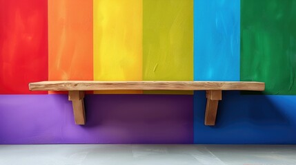Fototapete - Empty display shelf against abstract rainbow gradient wall, colorful concept for vibrant product presentation