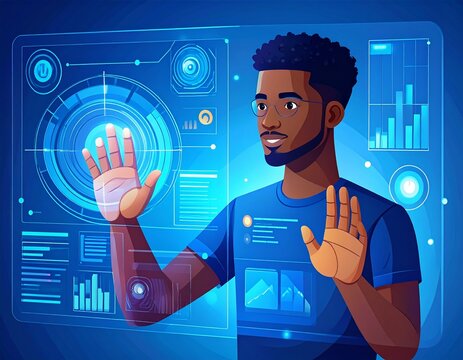 Man Interacting with Futuristic Holographic Interface Technology and Innovation