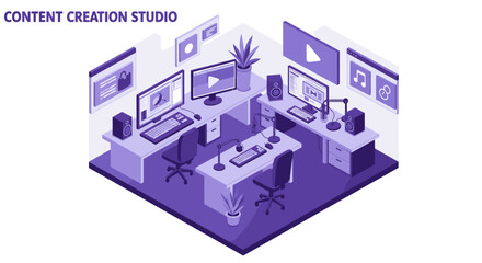 Poster - Modern content creation studio vector illustration in isometric design for multimedia projects