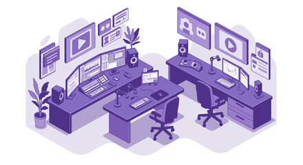 Poster - Modern office workspace vector illustration: dual desk setup for digital creatives in isometric style