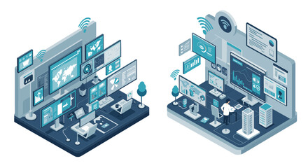 Poster - Isometric vector illustration of futuristic control rooms with digital technology for network management design