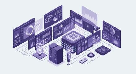 Poster - Isometric digital data analysis in futuristic tech environment vector illustration